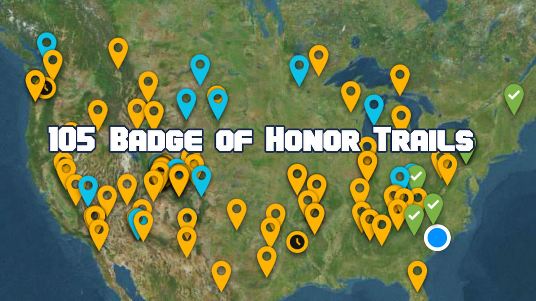 Jeep Badge of Honor app map of the United States covered in yellow, blue and green check-marked trail pins from the Pacific coast to the Atlantic, under a headline reading 105 Badge of Honor Trails