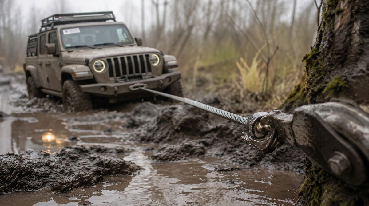 Taut steel winch cable running from the front bumper of a mud covered Jeep to a hook anchored at the base of a tree on a flooded forest trail