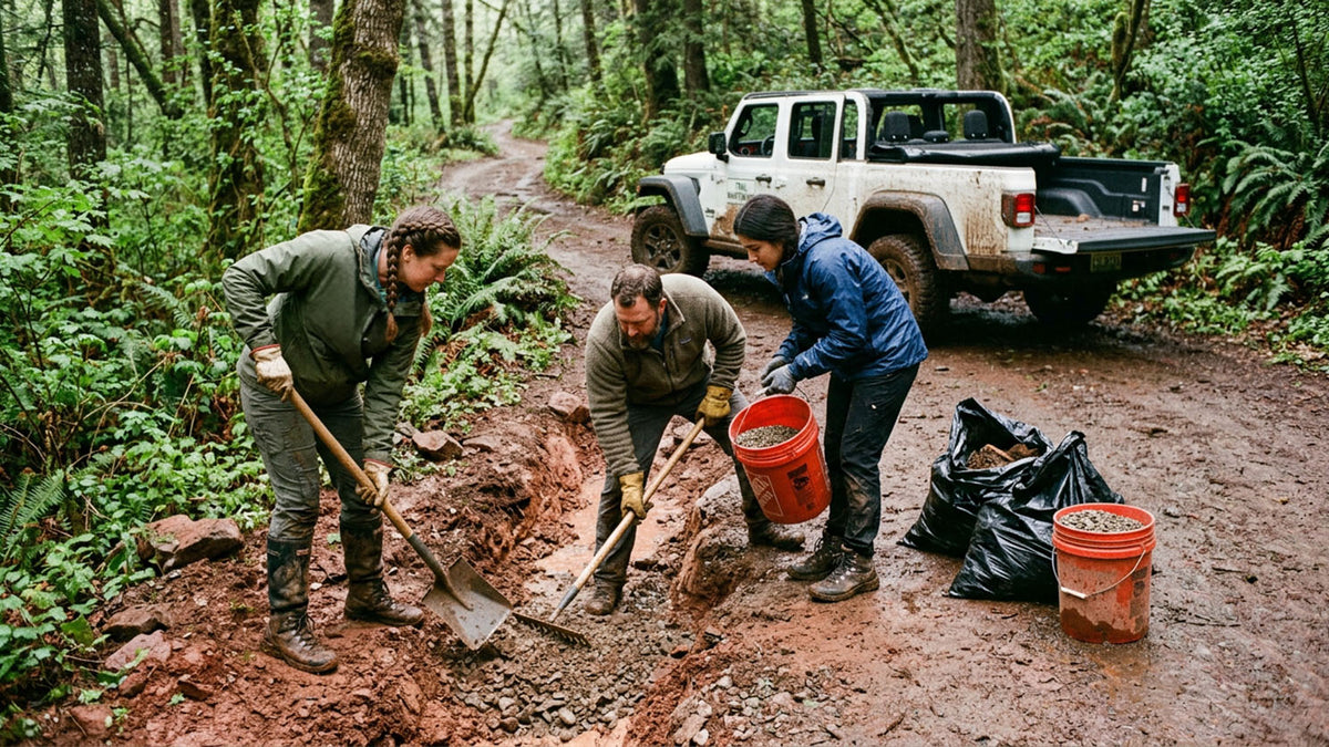 Three volunteers filling an eroded rut on a muddy forest trail with shovels and buckets of gravel, a white pickup parked behind them