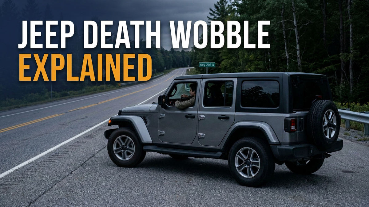 A gray Jeep Wrangler driving on an overcast highway with text overlay reading Jeep Death Wobble Explained