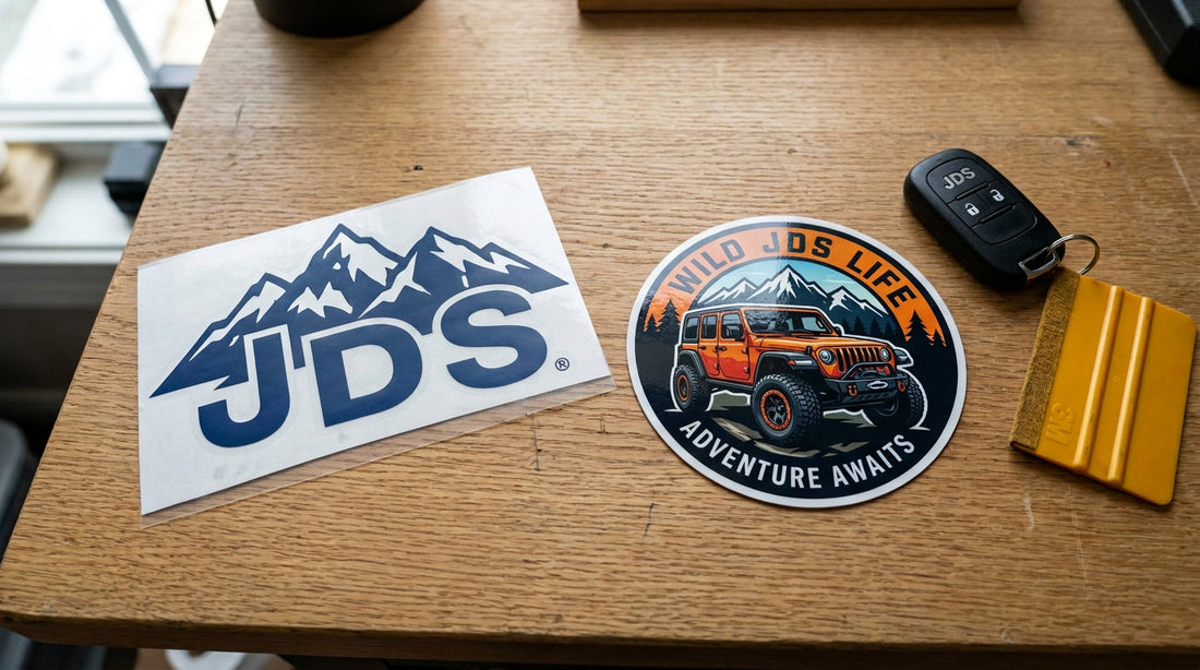 A JDS cut vinyl transfer decal on clear carrier tape beside a full-color printed round JDS sticker on a wood workbench, showing the difference between a decal and a sticker