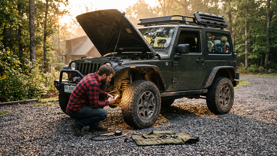 Printable Jeep trail pre-trip inspection checklist laid out for a driveway walk-around before a trail run