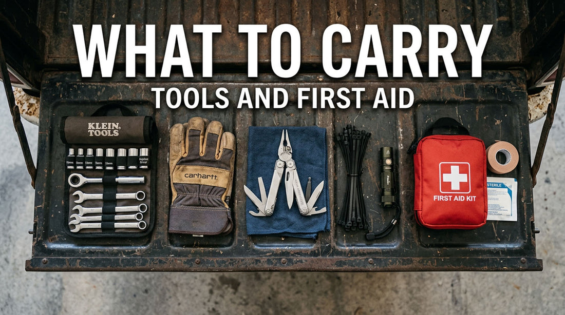 Trail tools and a first aid pouch laid out on a Jeep tailgate under the heading What to Carry