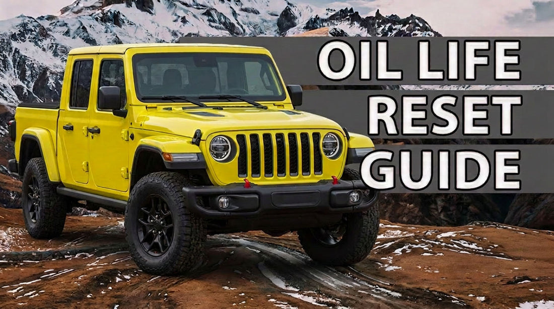Yellow Jeep Gladiator parked on a rocky trail below snow-covered mountains, with the title Oil Life Reset Guide set across the right side of the image