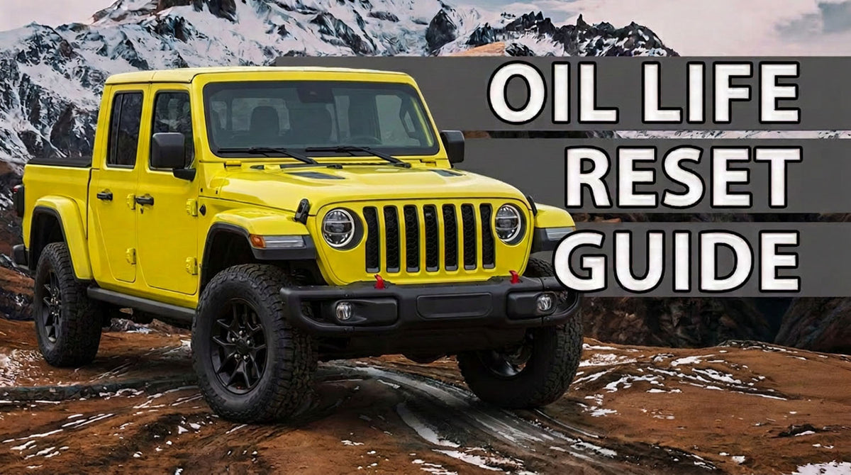 Yellow Jeep Gladiator parked on a rocky trail below snow-covered mountains, with the title Oil Life Reset Guide set across the right side of the image