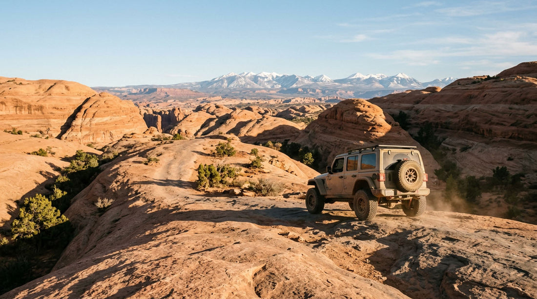 Jeep Wrangler climbing a slickrock four-wheel-drive route in the red rock country outside Moab, Utah at sunset