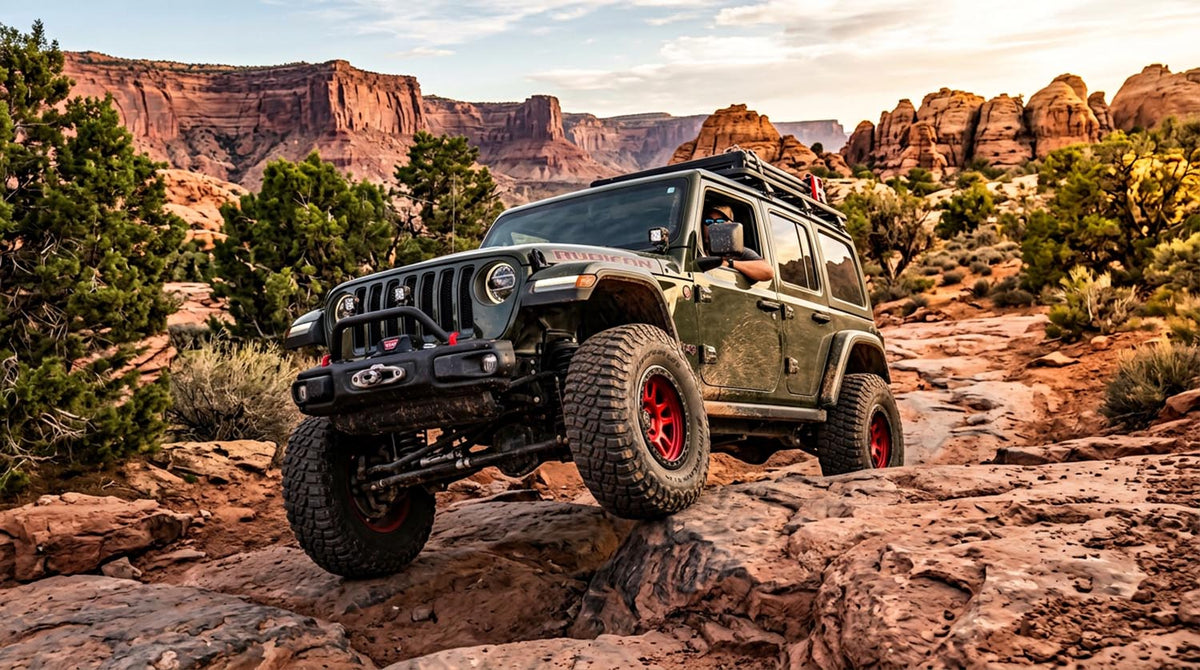 Green Jeep Wrangler Rubicon Unlimited flexing over red slickrock on a desert trail, front wheel articulating off the rock, with sandstone mesas and junipers behind
