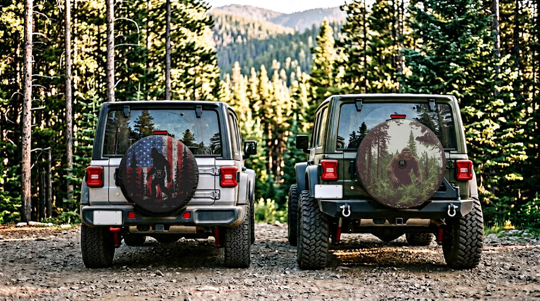 Two Jeep Wranglers photographed from behind on a forest road, a stock-height silver Wrangler on the left with a smaller spare tire cover and a lifted green Wrangler on the right with a visibly larger spare, both wearing Bigfoot designs