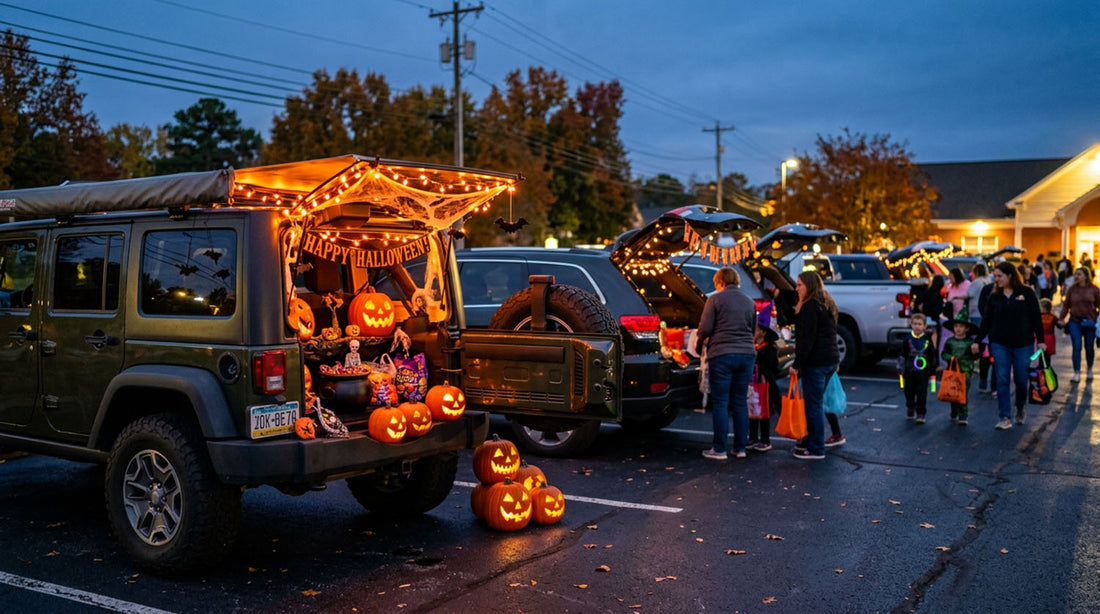 Jeep Wrangler with a lit and decorated tailgate at an evening trunk or treat event
