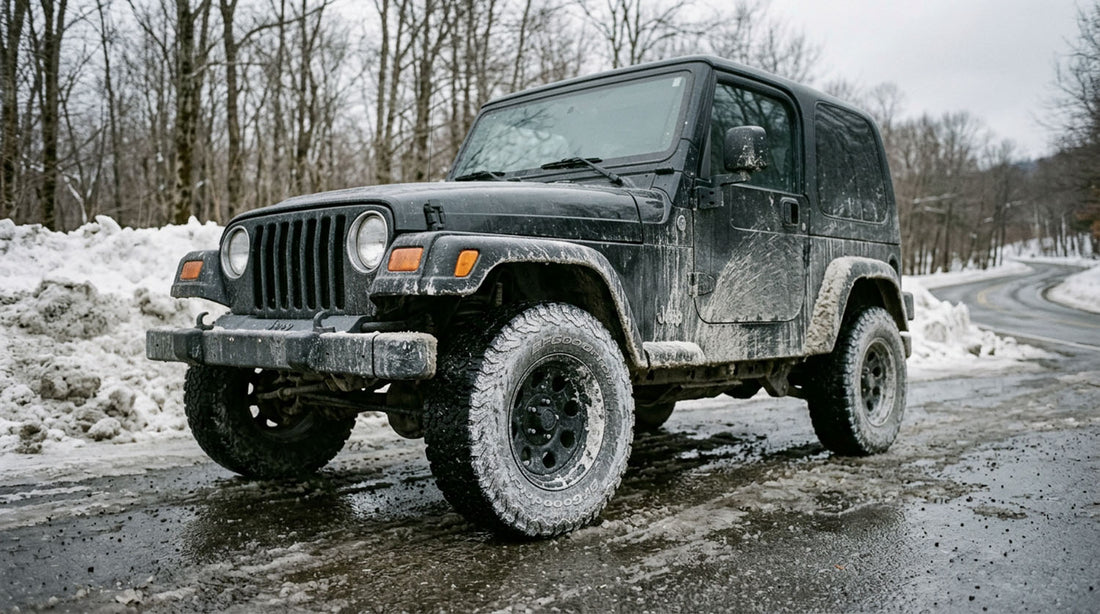 Black Jeep Wrangler TJ parked on a wet slushy road, its body panels and wheels caked in dried white road salt spray, with dirty snowbanks and bare winter trees behind