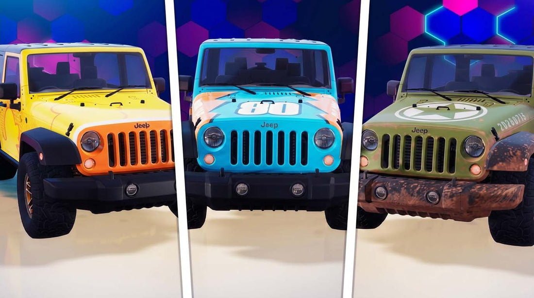 Three Jeep Wrangler JKs in Fortnite wearing the bundle's decal skins, including the blue Rad Racer and the olive military star Willys style