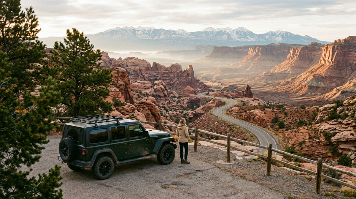 Dark green Jeep Wrangler parked at a canyon overlook while a traveler takes in a winding road through red rock country toward snow-capped mountains at sunrise