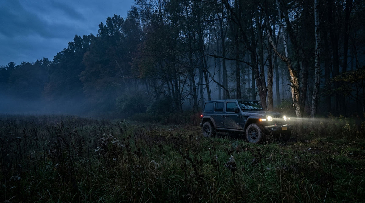 Jeep Wrangler parked at a misty Pennsylvania tree line at dusk with headlights on
