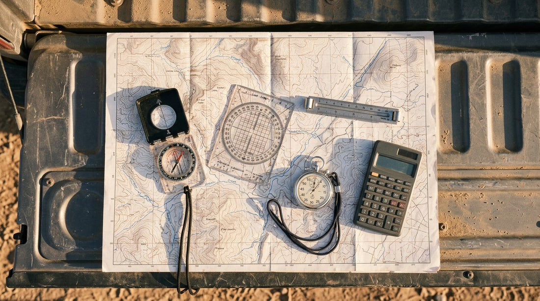 Folded paper topographic map on a dusty truck tailgate with a black baseplate compass, clear map protractor, roller ruler, stopwatch on a lanyard and a basic calculator laid on top in low afternoon light
