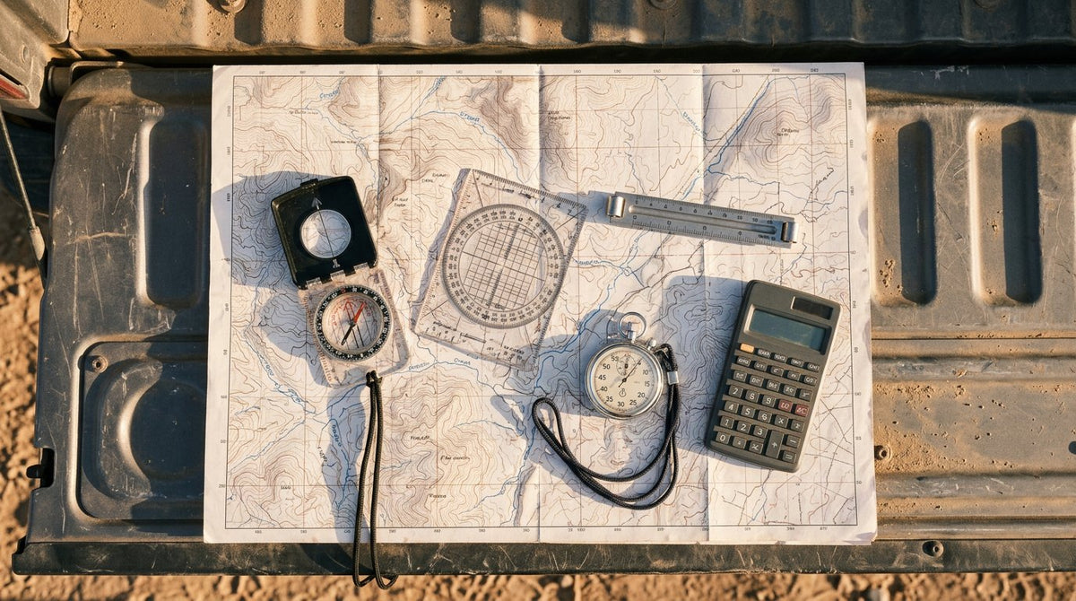 Folded paper topographic map on a dusty truck tailgate with a black baseplate compass, clear map protractor, roller ruler, stopwatch on a lanyard and a basic calculator laid on top in low afternoon light