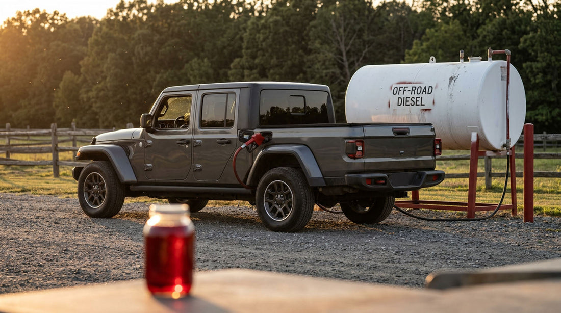 Jeep Gladiator at a farm fuel tank with a red-handled diesel nozzle in the filler and a glass jar of red-dyed diesel in the foreground