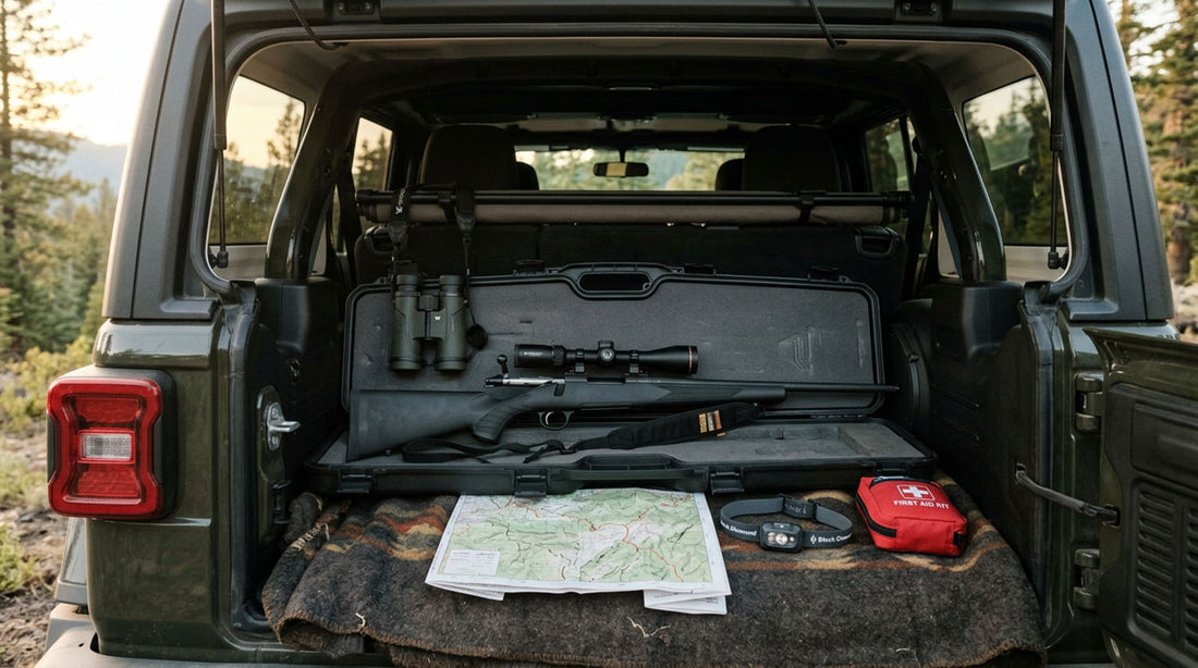 Open hard case on a Jeep Gladiator JT tailgate holding a bolt action rifle with the action open, alongside a cable lock and padlock