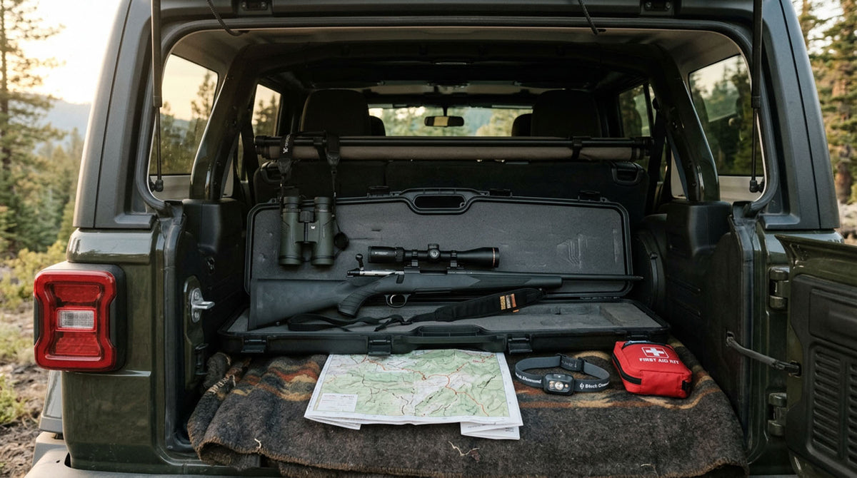 Open hard case on a Jeep Gladiator JT tailgate holding a bolt action rifle with the action open, alongside a cable lock and padlock
