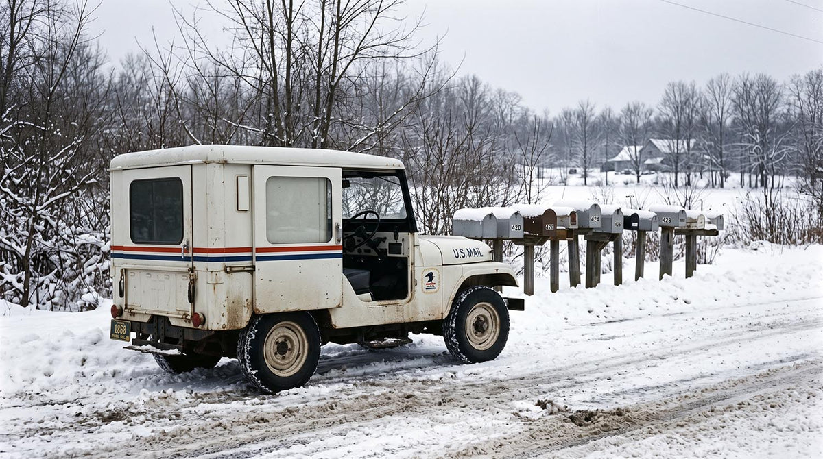 Right-hand-drive Jeep DJ postal delivery vehicle parked in snow beside rural roadside mailboxes, steering wheel visible on the right side