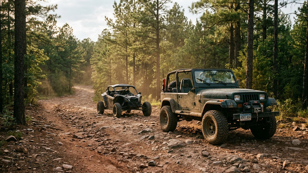 Green open-top 4x4 parked on a rocky red dirt trail with a black sport side-by-side stopped further up the trail in pine forest