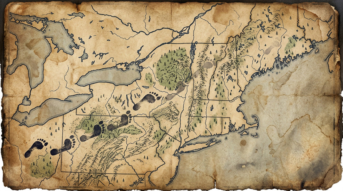 Vintage style map of the northeastern United States with Bigfoot footprints and marked sighting locations in Ohio, Virginia, Connecticut, New York, and Maine