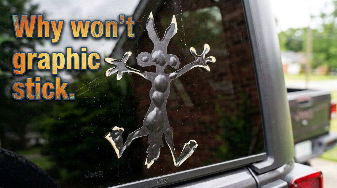 A vinyl decal lifting at the edge on a vehicle panel, showing a decal that will not stick