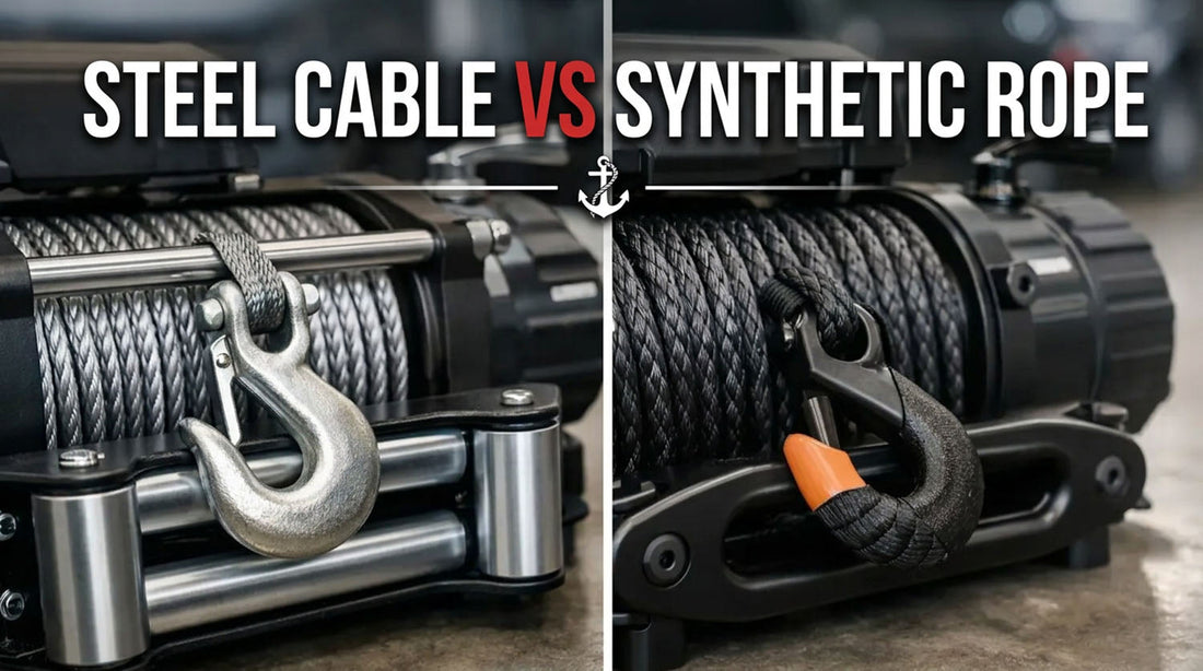 Split comparison of two winches, steel wire rope on a drum feeding through a roller fairlead with a galvanized clevis hook on the left, and black synthetic rope through a smooth hawse fairlead with an orange tipped hook on the right