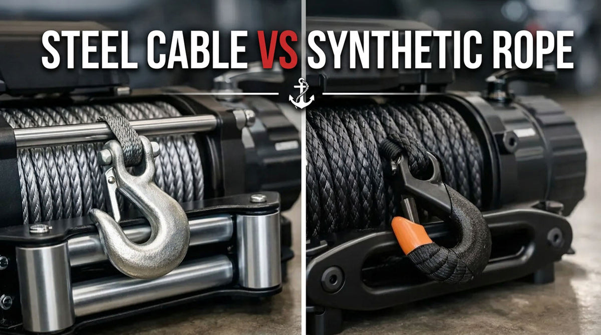 Split comparison of two winches, steel wire rope on a drum feeding through a roller fairlead with a galvanized clevis hook on the left, and black synthetic rope through a smooth hawse fairlead with an orange tipped hook on the right