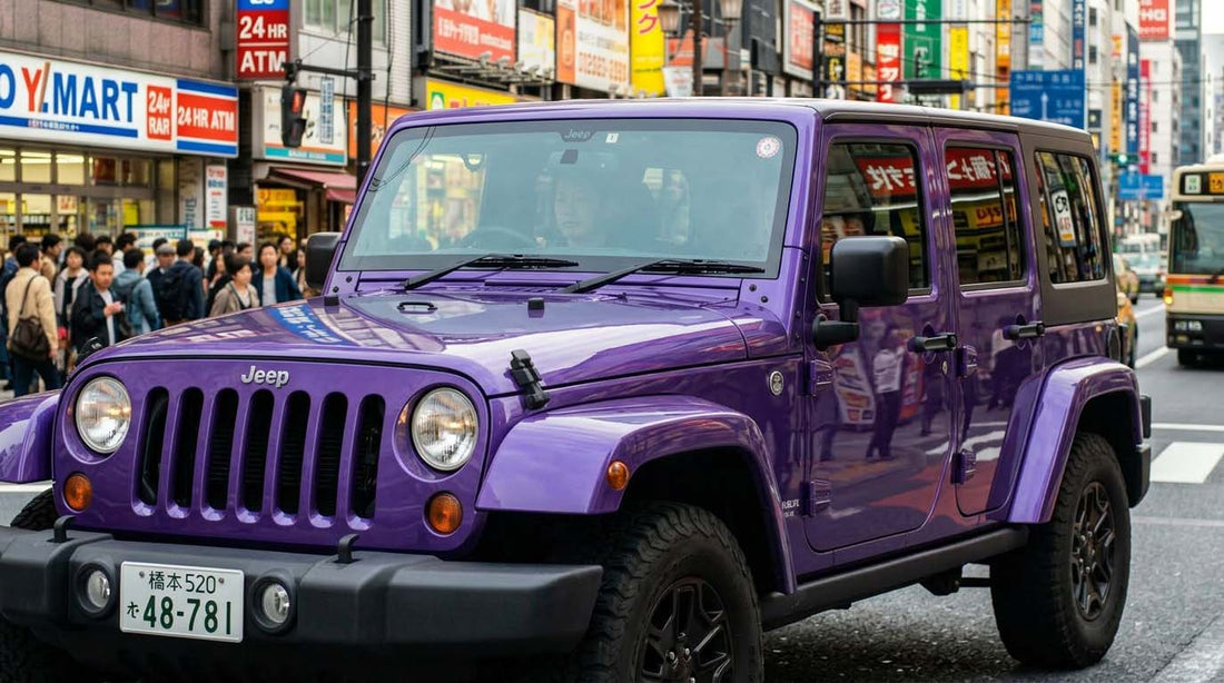 A purple Jeep Wrangler on a backcountry trail