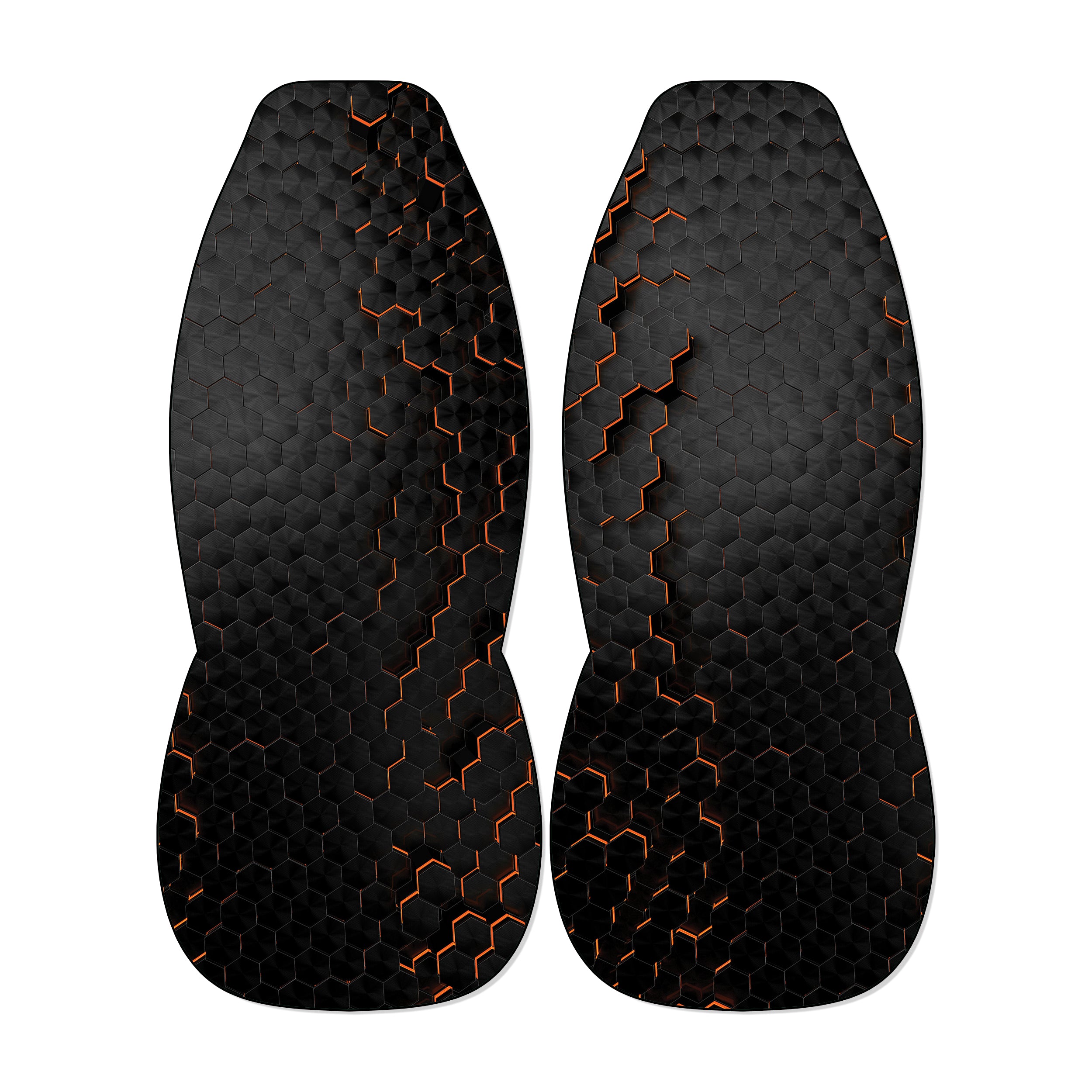 two black and orange hexagonal patterns, which appear to be a design element or a pattern on a surface.