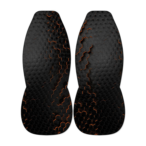 two black and orange hexagonal patterns, which appear to be a design element or a pattern on a surface.