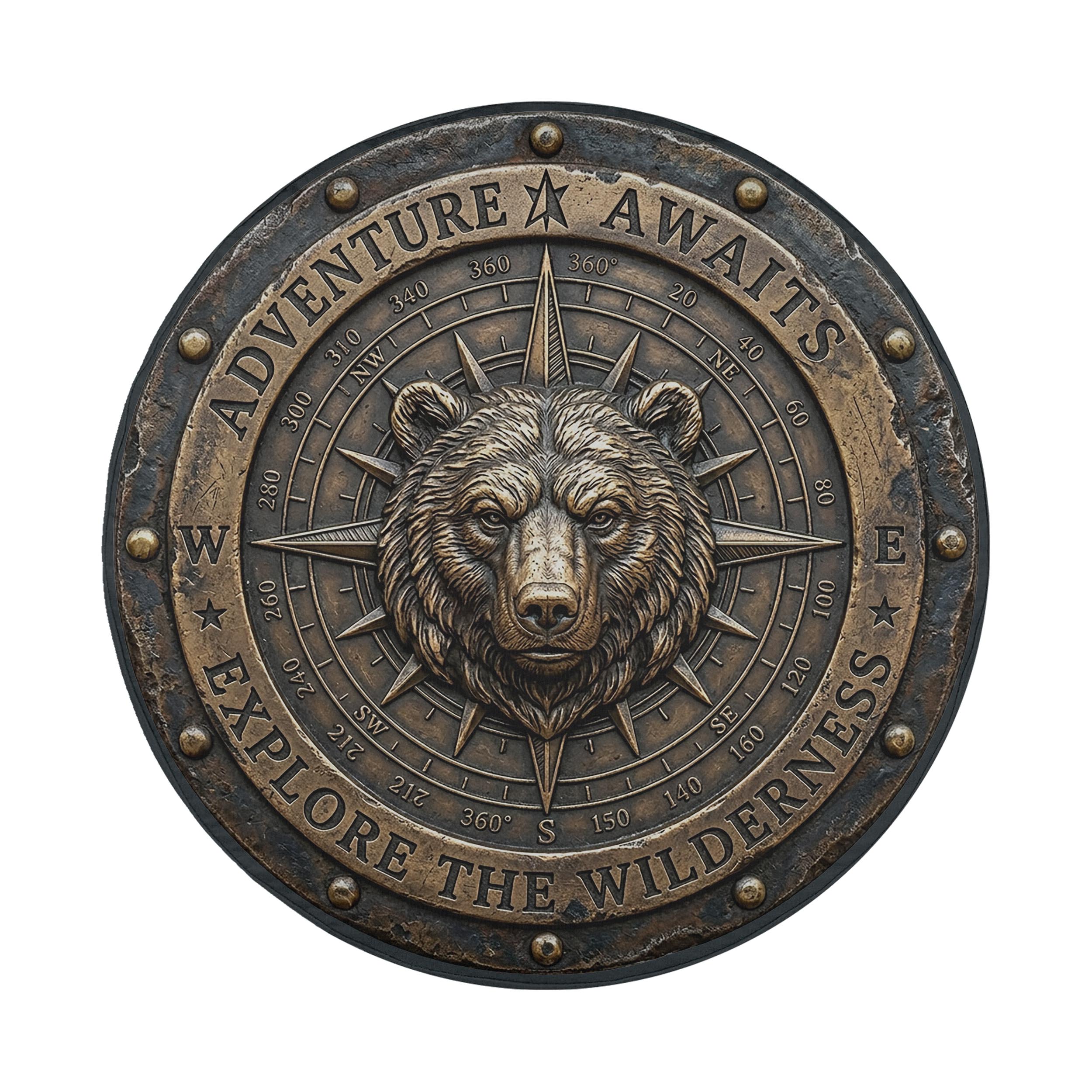 a large, detailed metal compass with a bear's head at the center, surrounded by the words "Adventure Awaits" and "Exploration Wilderness".