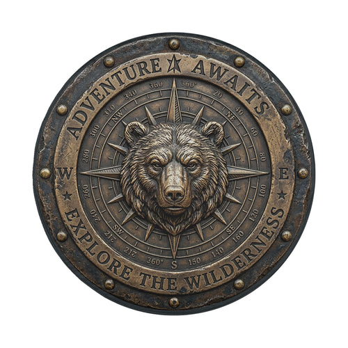 a large, detailed metal compass with a bear's head at the center, surrounded by the words "Adventure Awaits" and "Exploration Wilderness".