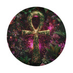 a large, ornate symbol surrounded by a lush, colorful garden filled with various plants and flowers.