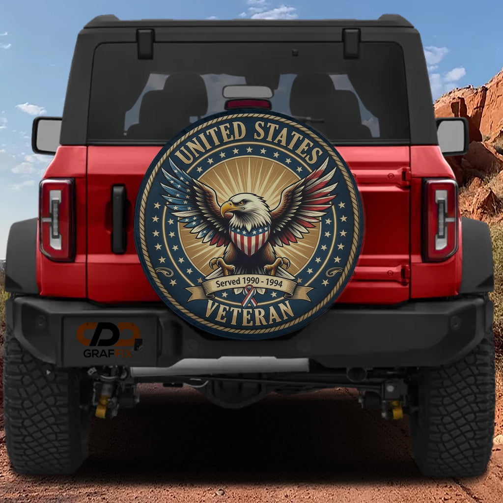 a red Jeep Wrangler with a large round decal on the rear window that says "United States Veteran" and includes an eagle.