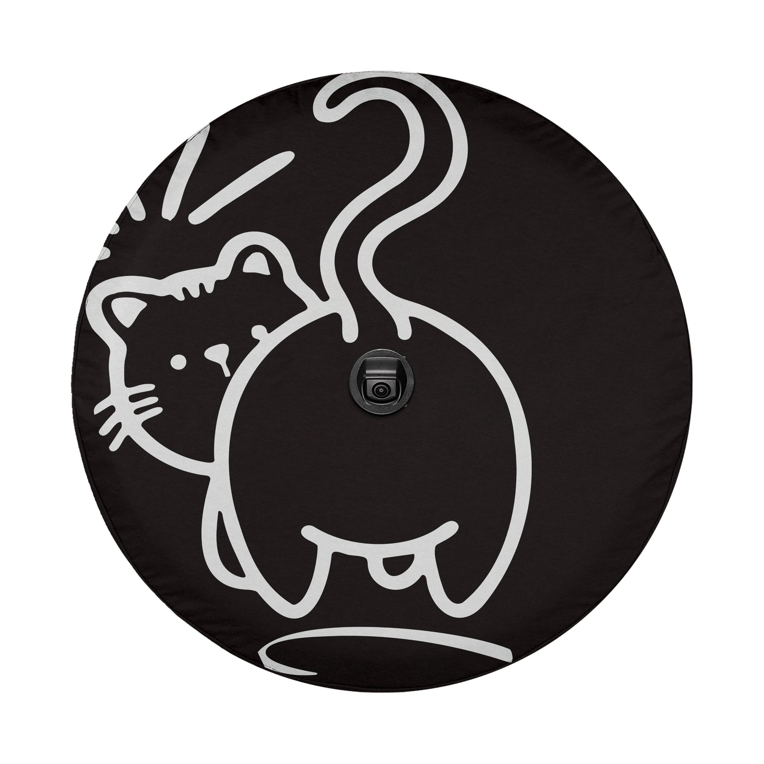 A black and white image of a cat with a camera attached to its tail.
