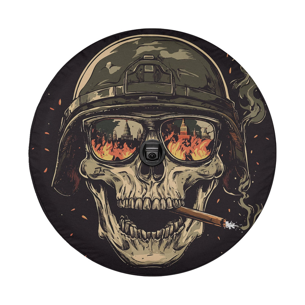 Flat burning reflections spare tire cover artwork showing helmeted skull with flame sunglasses and cigar smoke