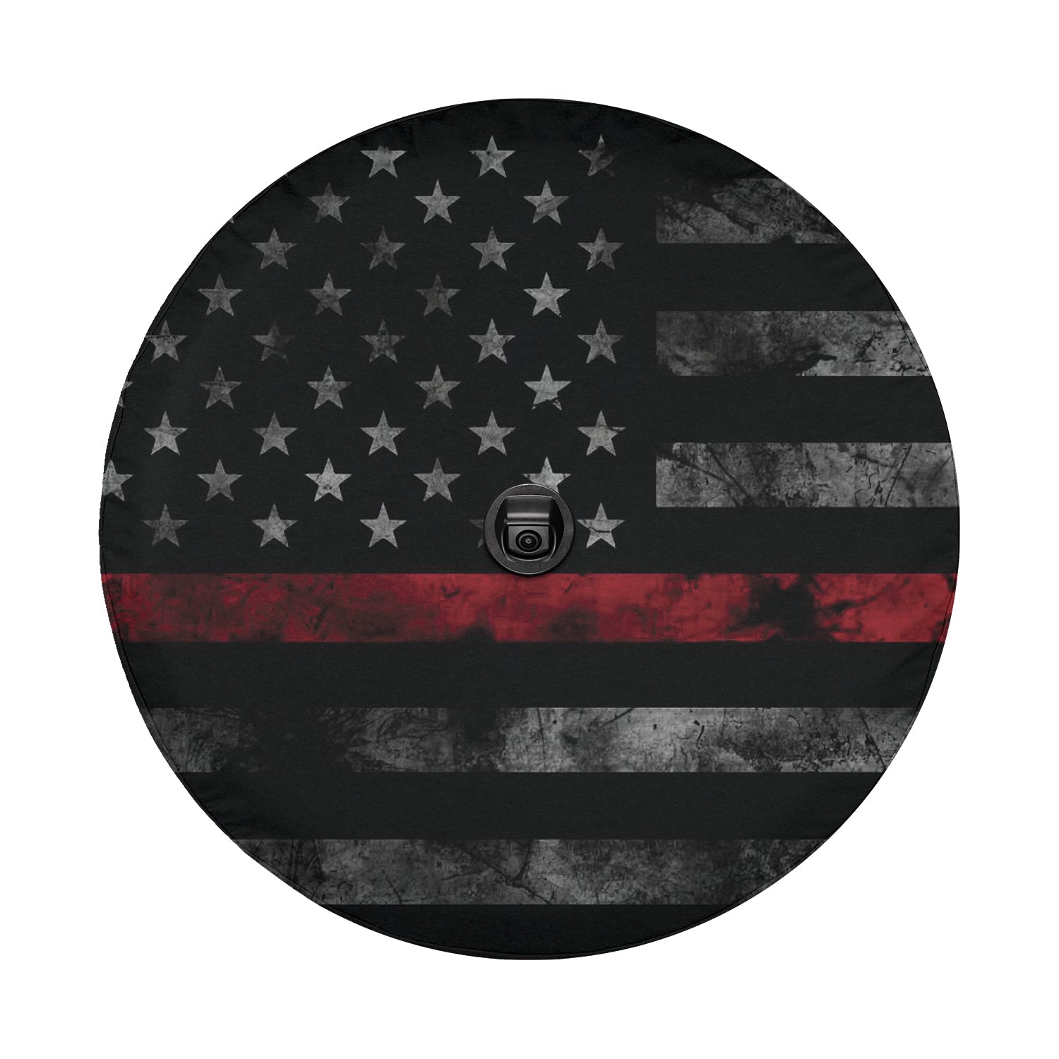 Thin Red Line Subdued American Flag spare tire cover round product view with distressed flag and red stripe detail