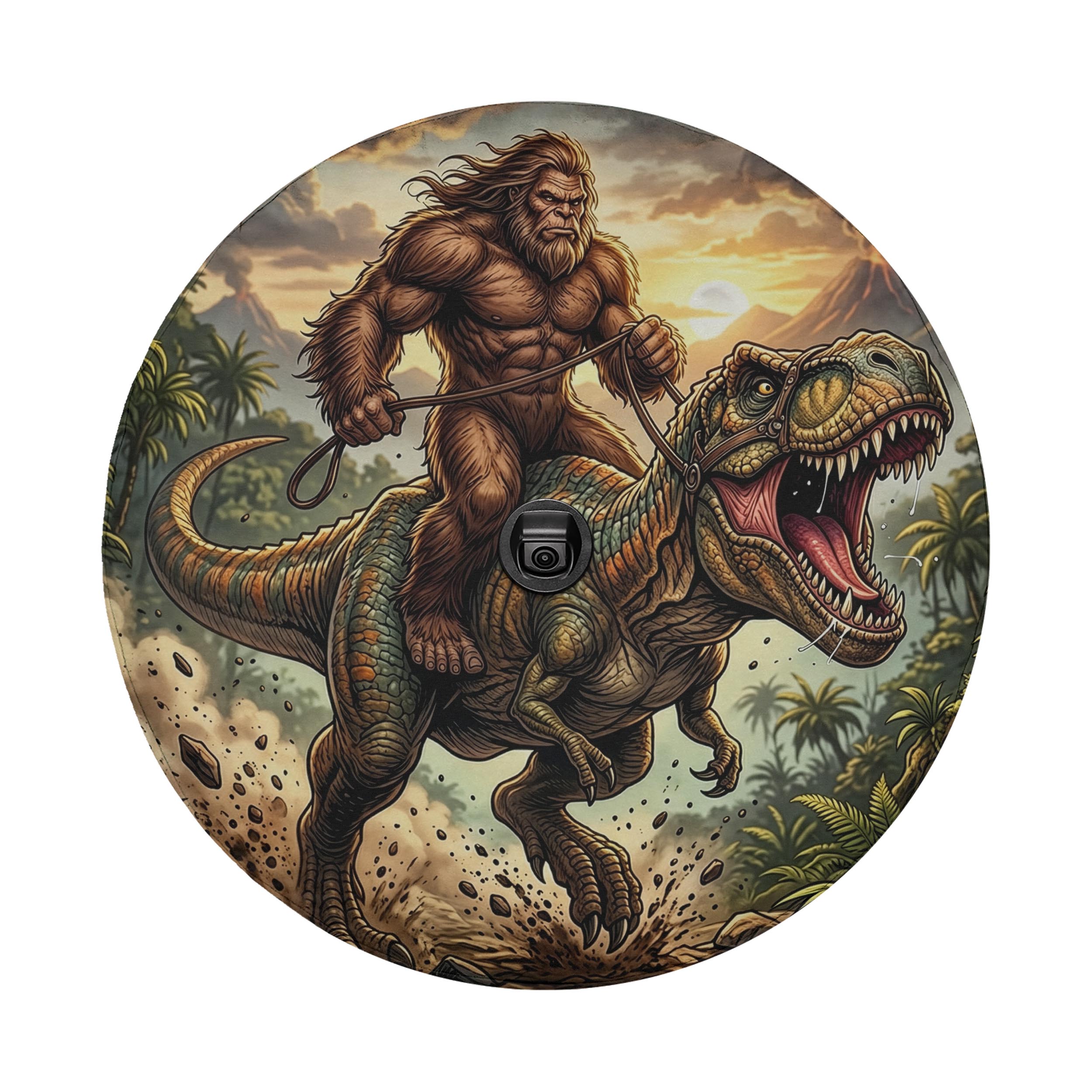 A large, hairy creature resembling a Sasquatch is riding a T-Rex in a jungle setting, with a camera mounted on its back.
