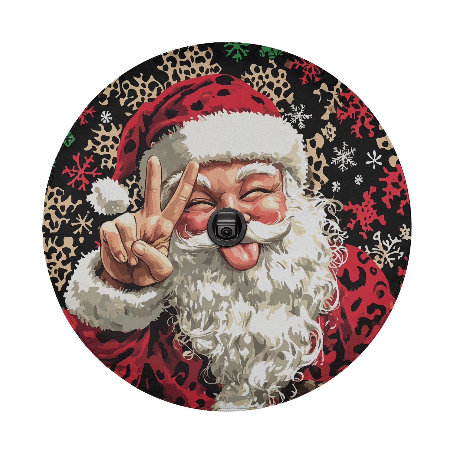 Funny Santa Claus winking peace sign tire cover round art with backup camera cutout leopard design
