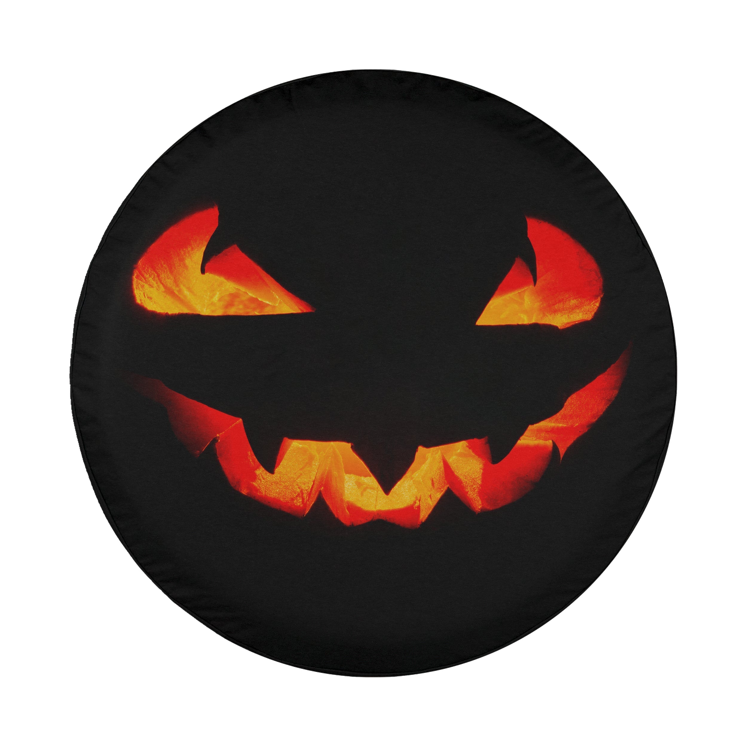 A Halloween-themed wheel cover with a jack-o-lantern design, featuring glowing orange and red eyes and sharp teeth.