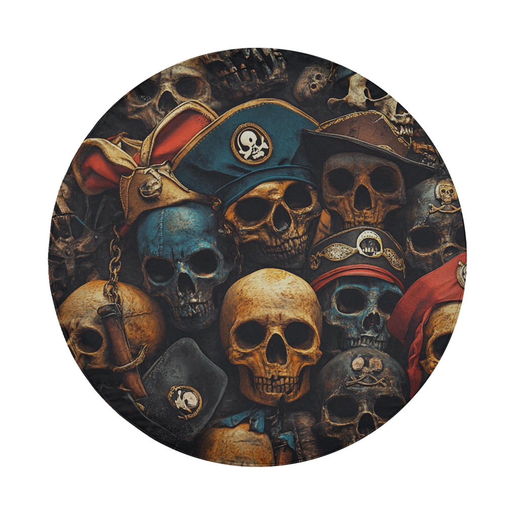 Pirate skulls tire cover flat round product front with painted skulls in red and blue pirate hats and bandanas