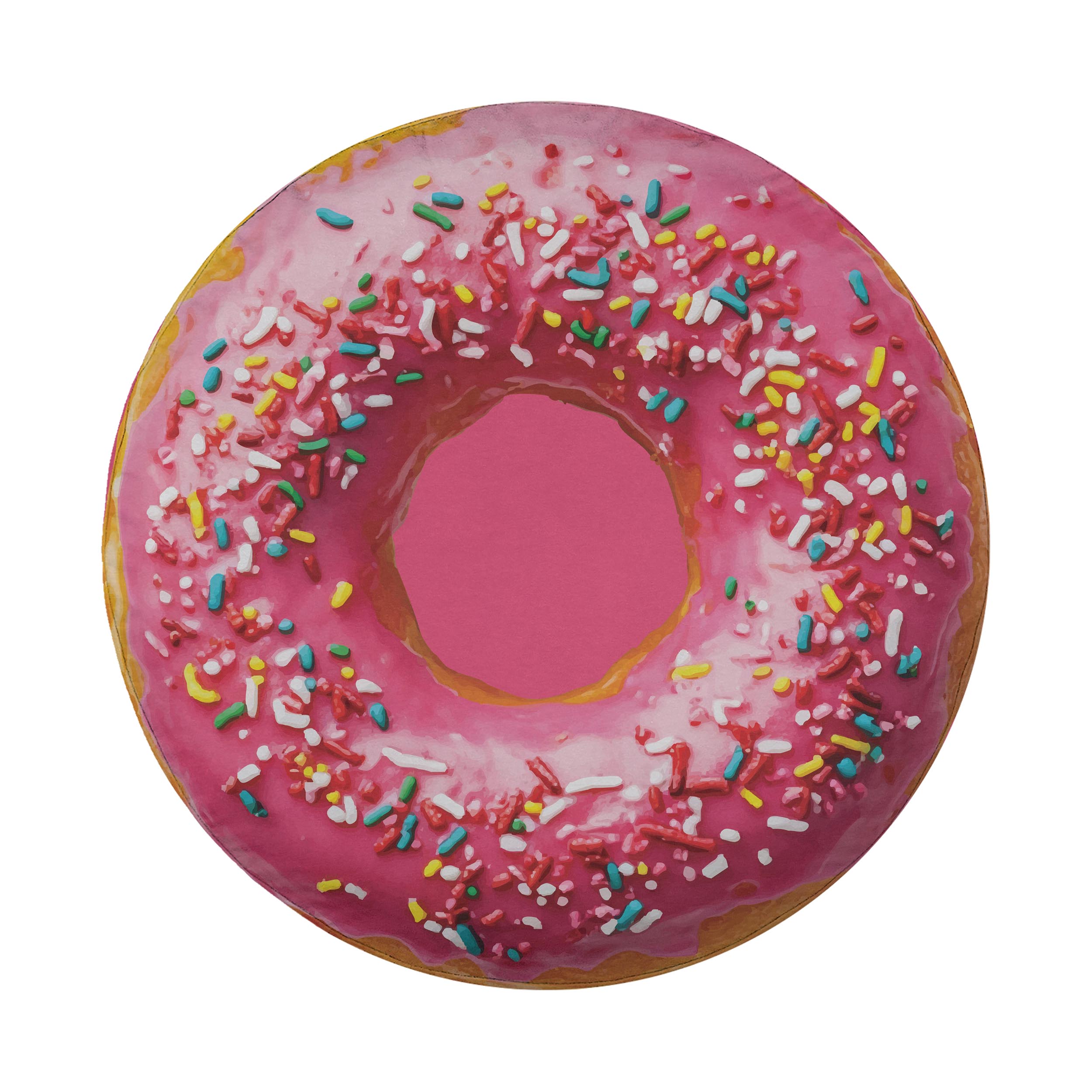 A pink glazed donut with colorful sprinkles on top.