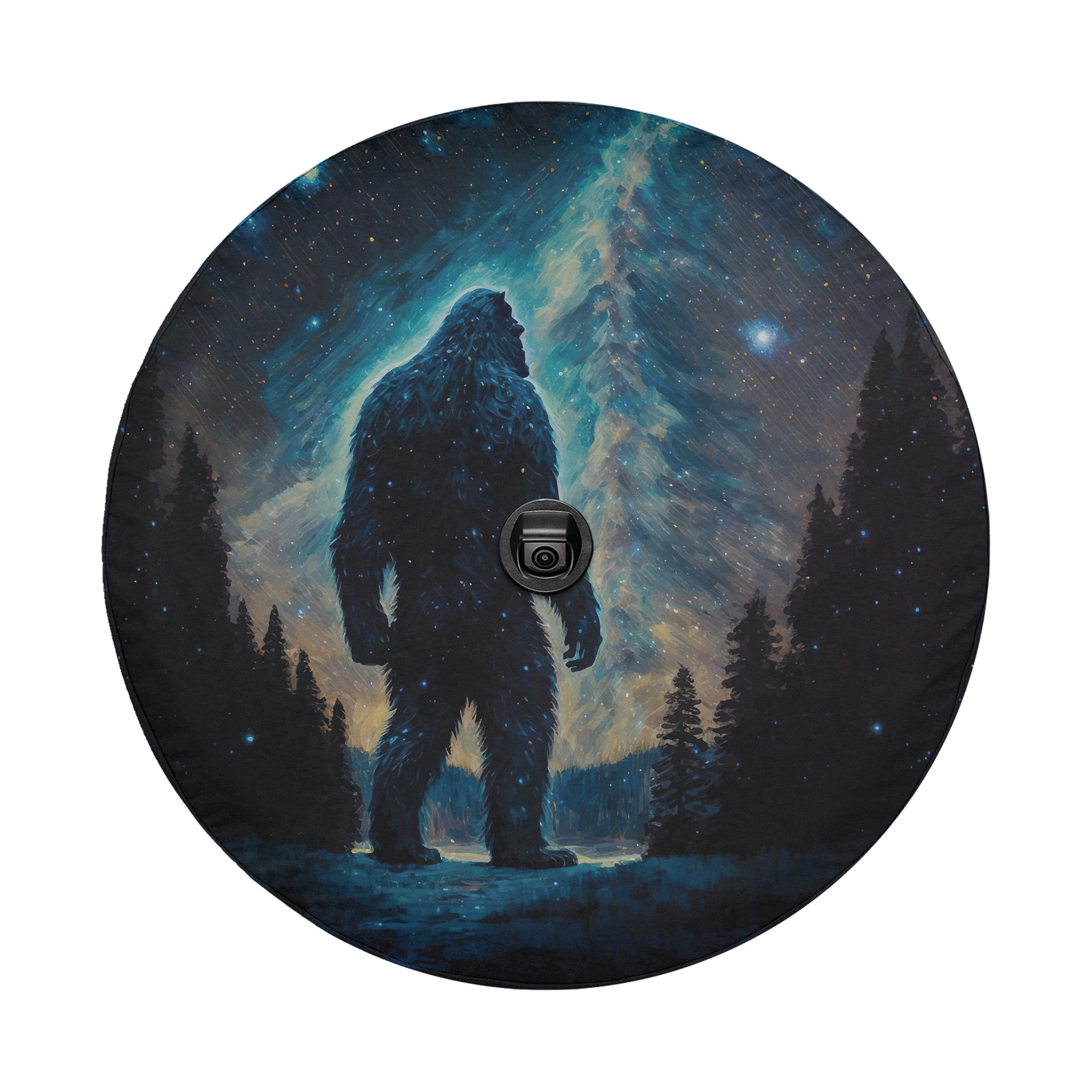Celestial Yeti Chronicles spare tire cover flat product view showing starry bigfoot forest art
