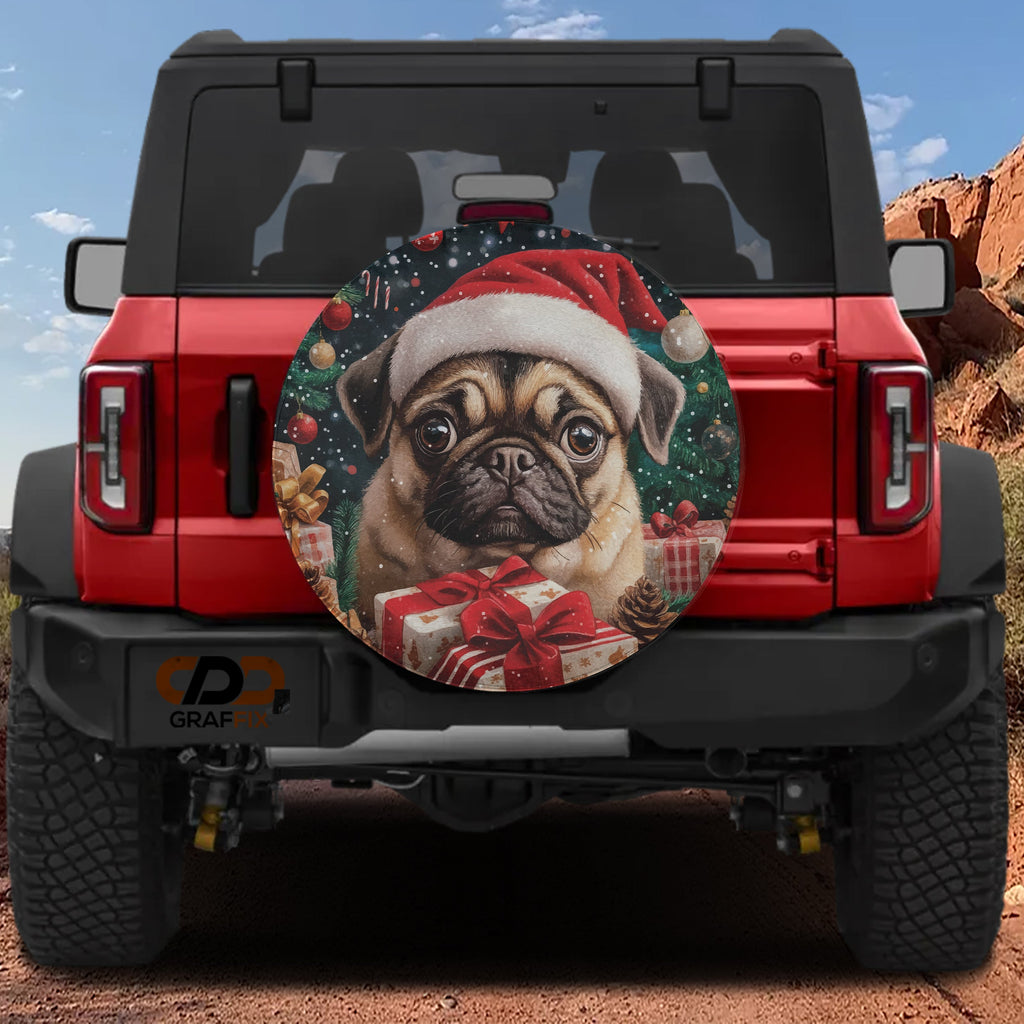 Merry Pug Christmas spare tire cover on a red Jeep Wrangler with Santa pug holding wrapped gifts