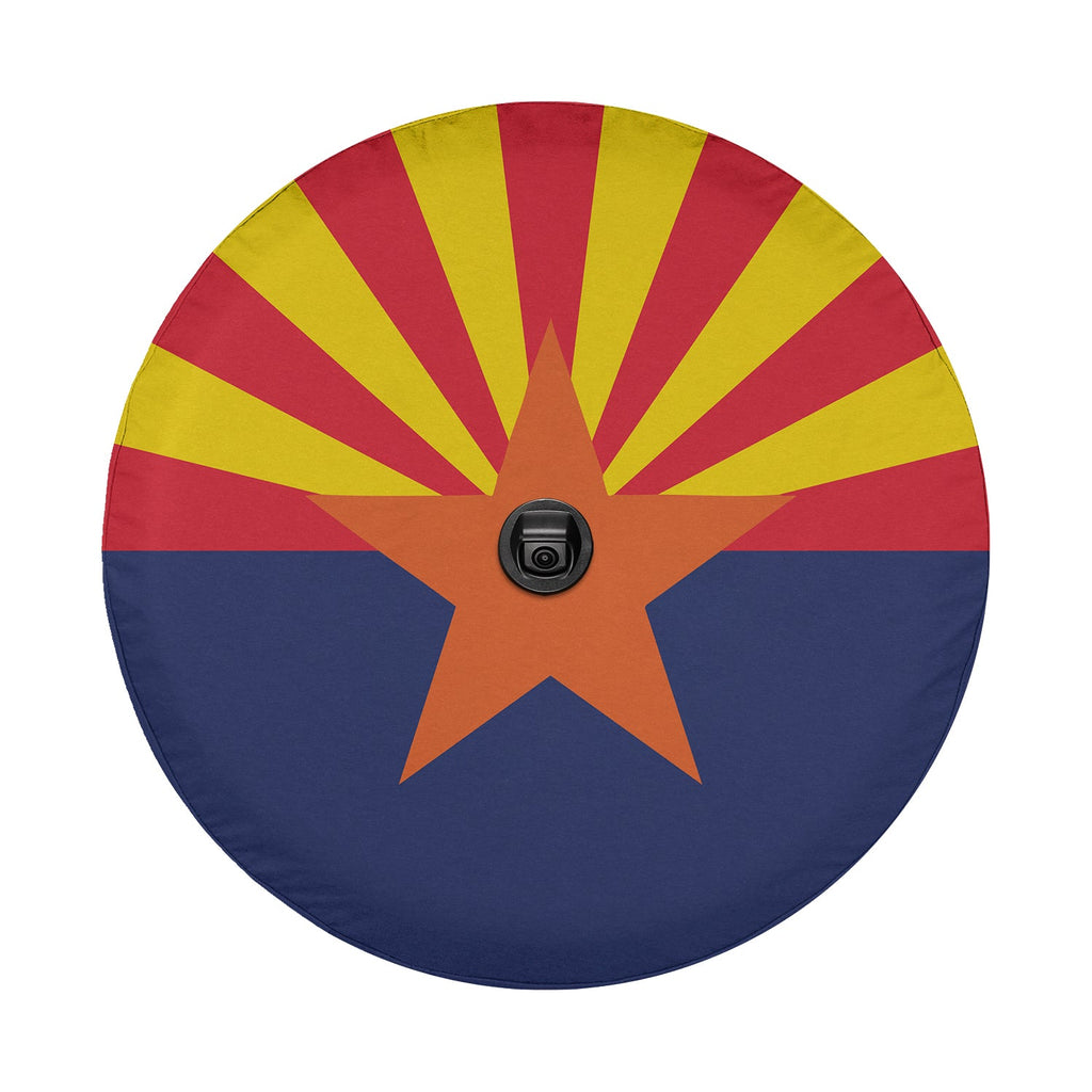 Arizona State Flag spare tire cover detail showing red and yellow rays and copper star with camera cutout