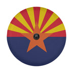 Arizona State Flag spare tire cover detail showing red and yellow rays and copper star with camera cutout