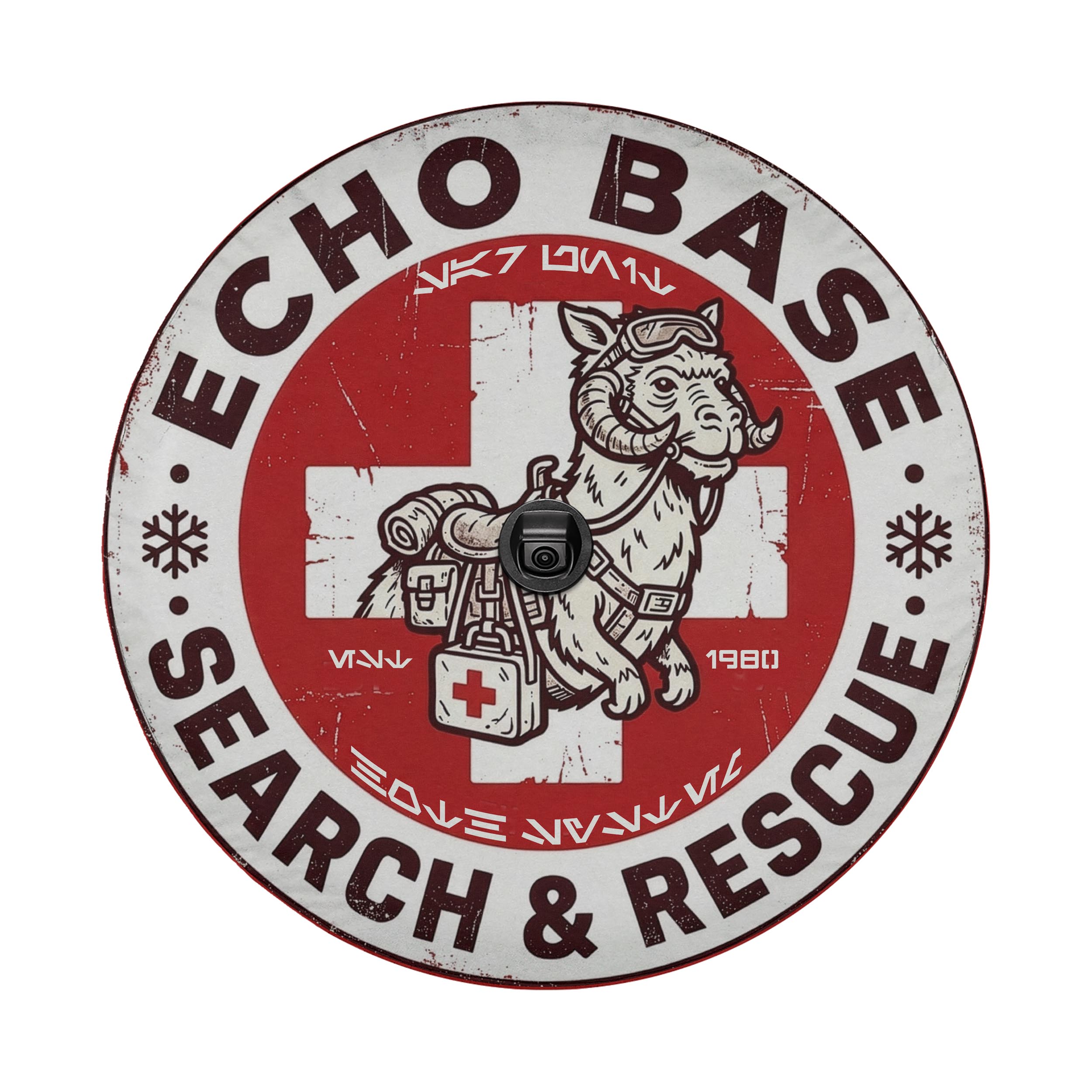 a circular logo with a red background and white border. The logo includes a cartoon image of a dog wearing a backpack and goggles, along with the text "ECHO BASE SEARCH & RESCUE".