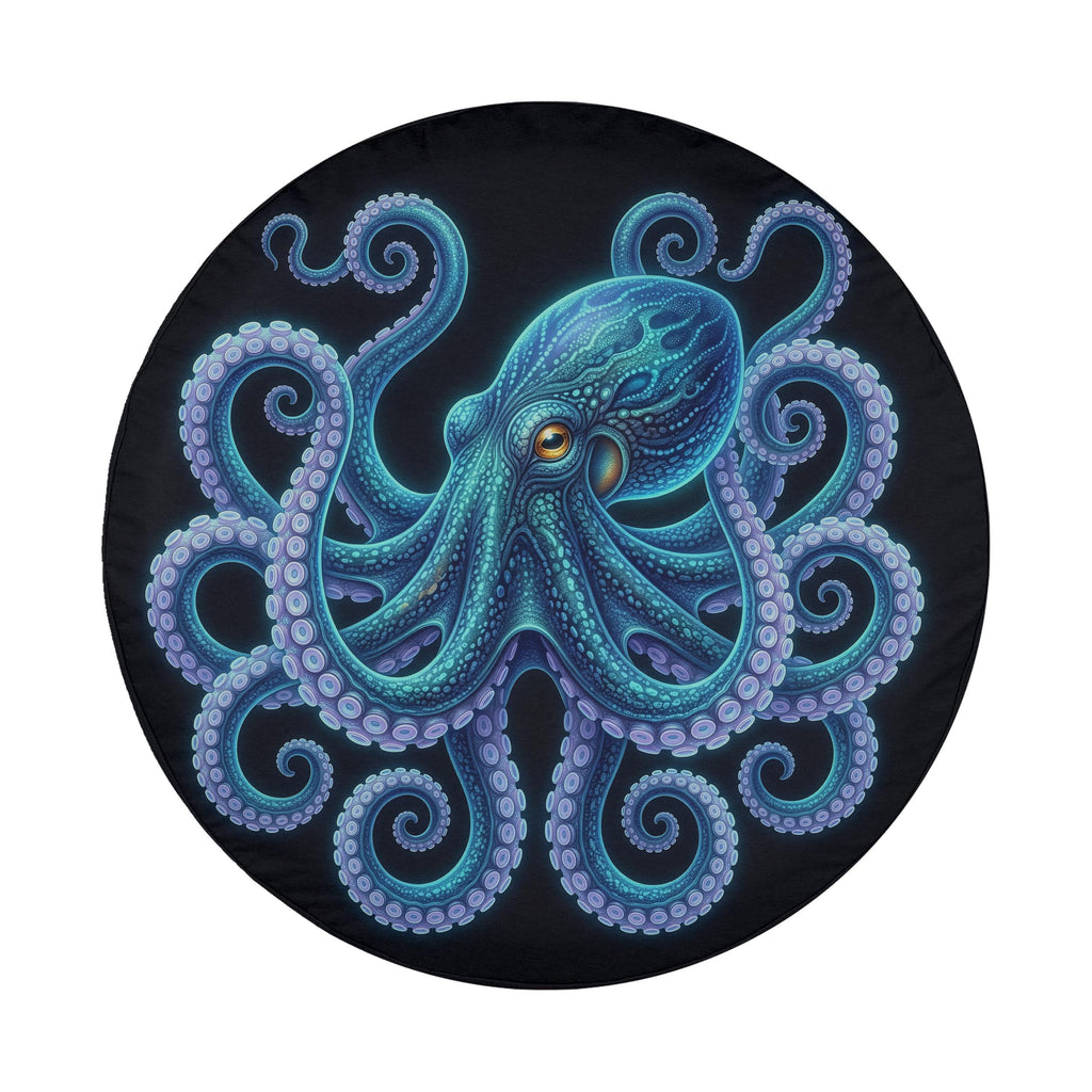 A large, colorful octopus with its tentacles spread out against a dark background.