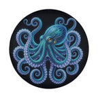 A large, colorful octopus with its tentacles spread out against a dark background.